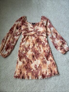 Sincerely Jules Floral Long puff Sleeve Mini Dress in Blush and Rust size S
